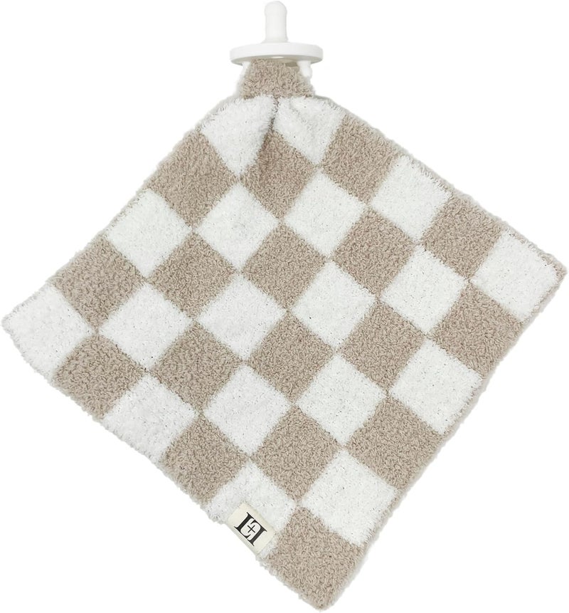 Leaps + Legends L+L USA Checkered Baby Lovey Pacifier/Teether Holder 10"x10" - DreamSoft Plush Fluffy Cuddly Soothie Reversible Mini Comfort Blanket - Cute Newborn Gift Essential Babies Boys Girls (Tan/White) - Image 1